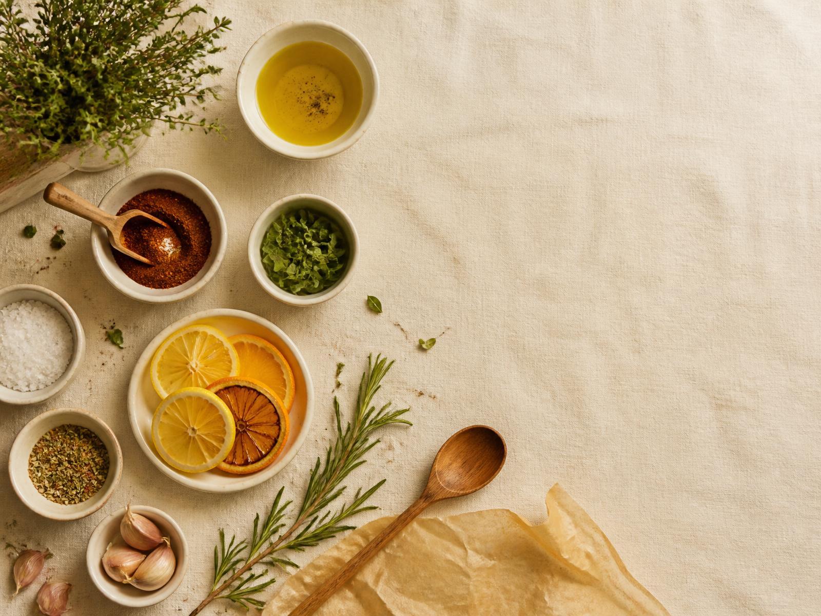 Chef's mise en place — fresh herbs, citrus, spices, and oil arranged on linen